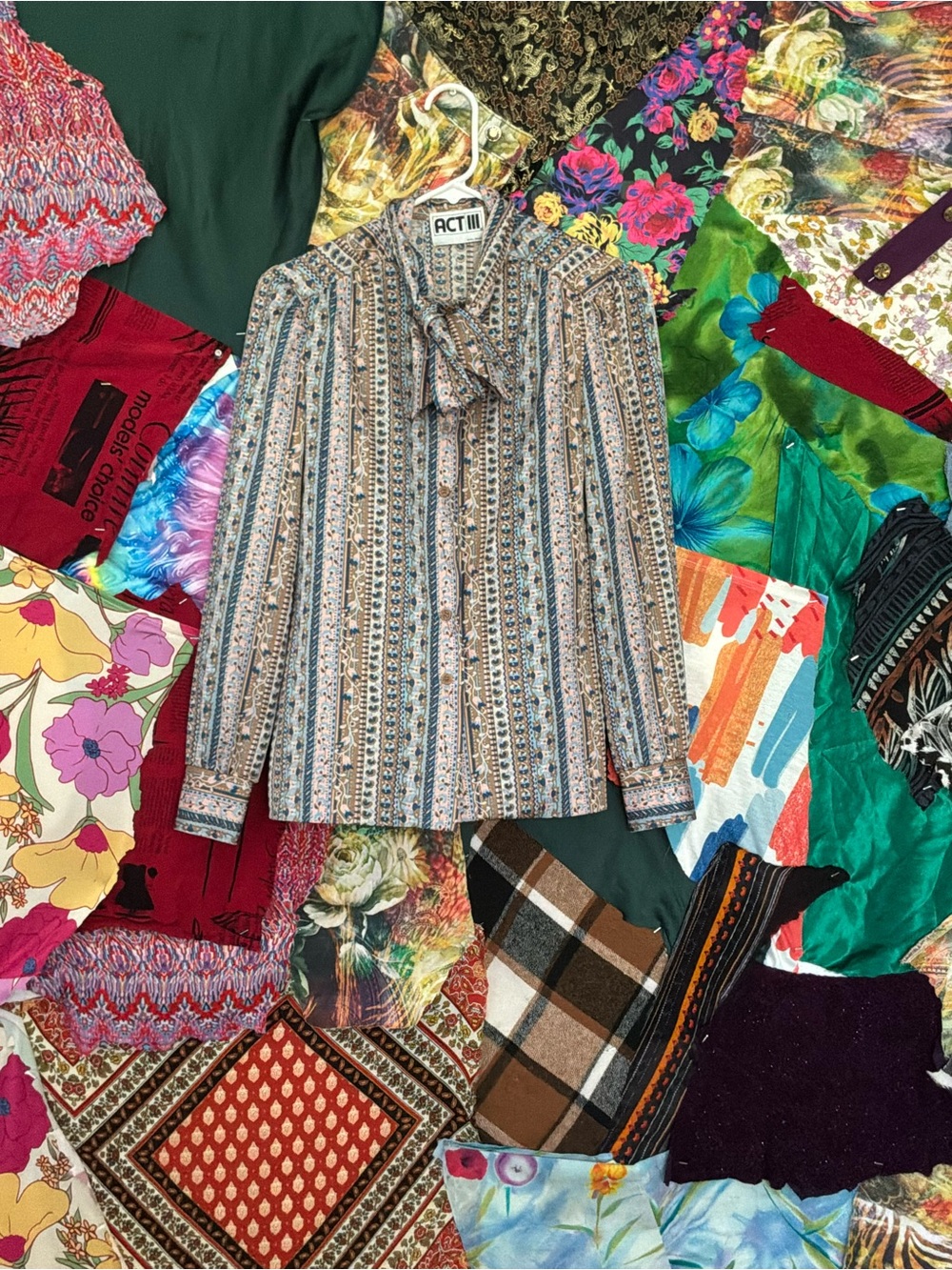 Act III Tie-Neck Patterned Blouse — Multicolor